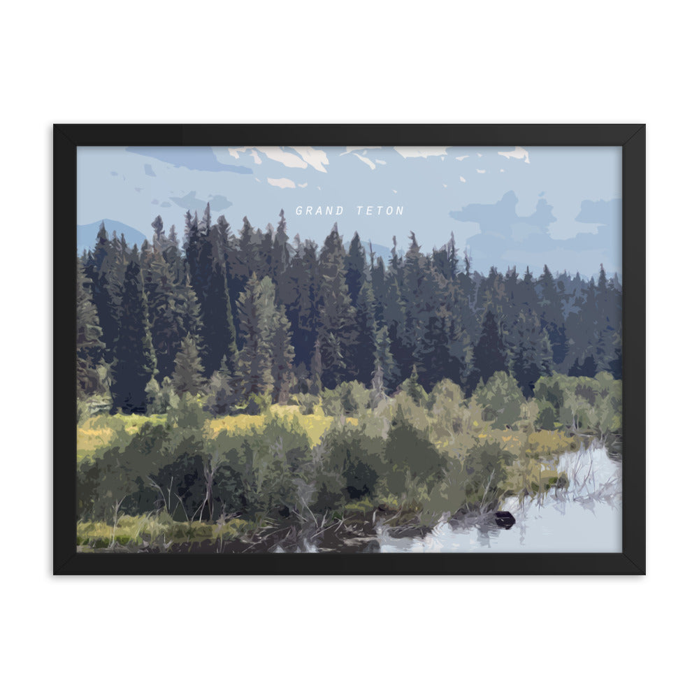 Grand Teton Moose Drinking - Wood Framed Print