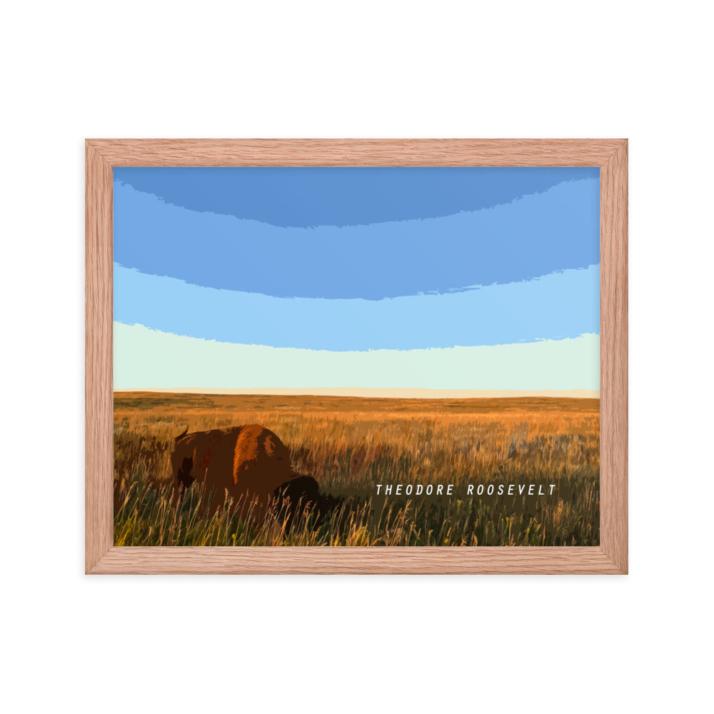 Theodore Roosevelt Bison Grazing - Wood Framed Print