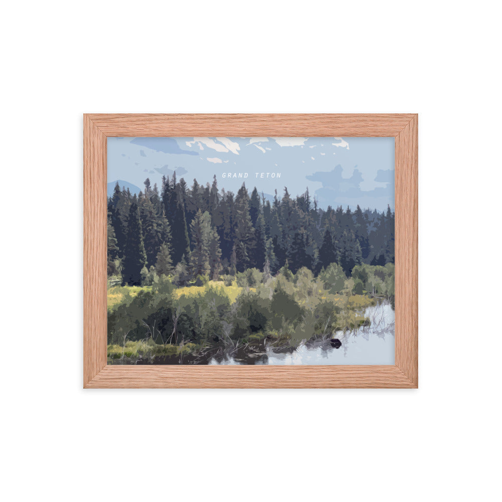 Grand Teton Moose Drinking - Wood Framed Print