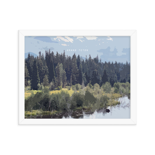 Grand Teton Moose Drinking - Wood Framed Print